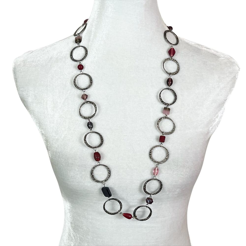 Handmade Silver Tone Hammered Circle Ring & Bead Necklace Pink Purple